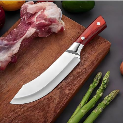 Image of Butcher Knife with Curved Blade and Wooden Handle, Kitchen Cutting Knife for Meat and Vegetables