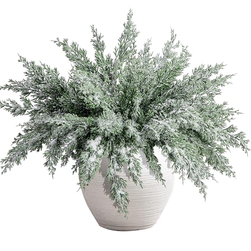 10 Packs 16.5' Artificial Christmas Snow Pine Branches, Snow Flocked Faux Greenery Norfolk Pine Sprigs Cypress Stems, White Frosted Fake Foliage Pine Needle Picks for DIY Craft Garland Home Decor