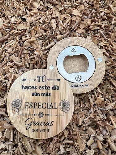 Uvimark | Pack de 20 Abridores de Bambú Magnéticos con Mensaje de Agradecimiento | Abrebotellas con Mensaje | Regalos para Detalles Bodas, Comuniones, Bautizos | Detalles y Regalos Personalizados
