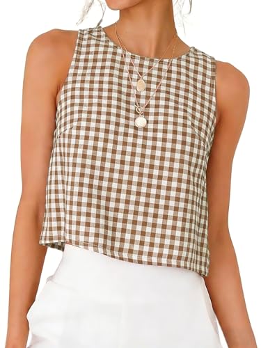 IDEALSANXUN Linen Tops for Women Spring Summer Clothes 2026 Cute Crop Sleeveless Plaid Shirts...