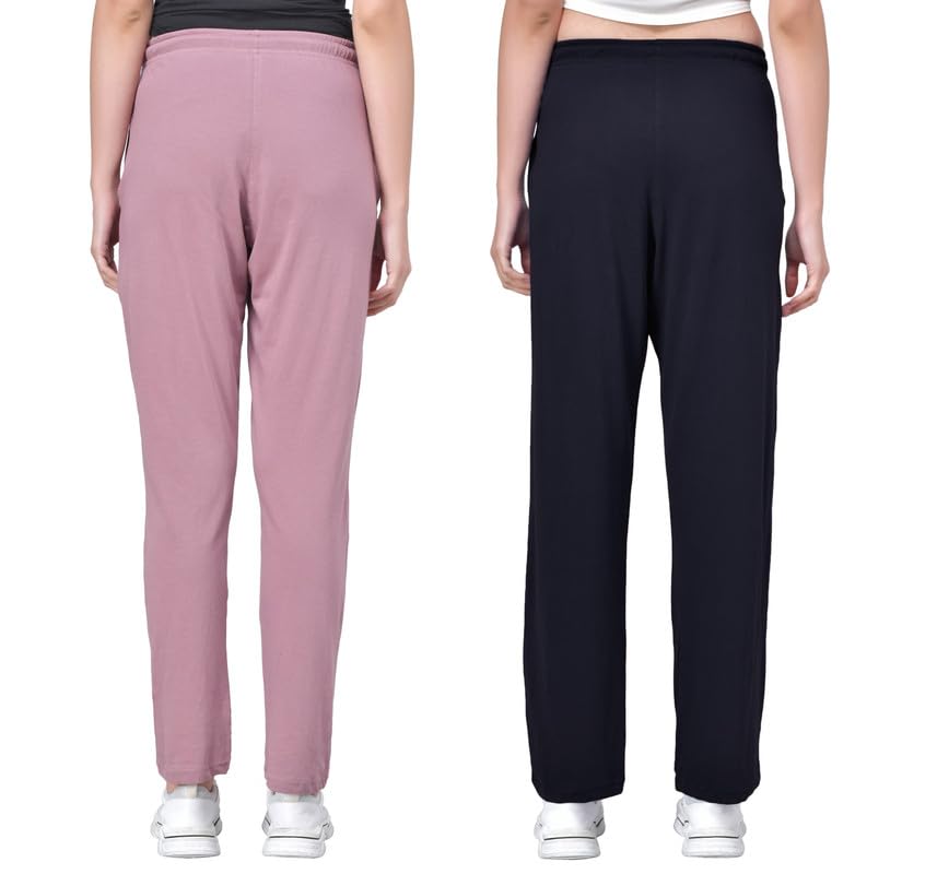 Image of Fflirtygo Women's Cotton Solid Pyjama /Track Pants, Navy Blue and Lavender (Pack of 2)