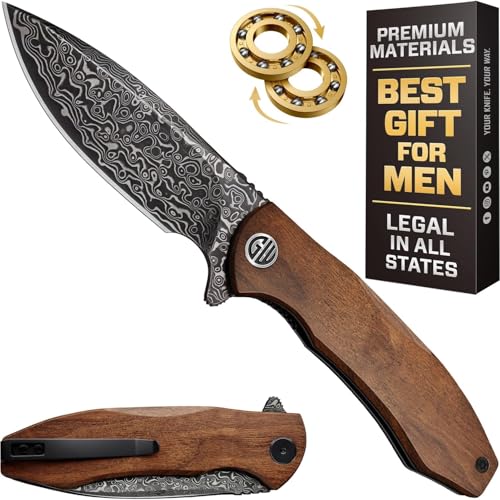 Image of GOOD WORKER Pocket Knife - Smooth Ball Bearing Pivot - Guibourtia Wood Handle - Elegant Gift-Ready EDC Knife with Deep Carry Clip, Legal in All States - Gifts for Men, Women - 6700 D