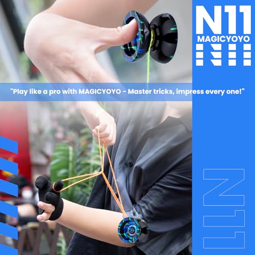 Image of MAGICYOYO N11 Professional Unresponsive Yoyo N11 Dual Purpose Alloy Trick YoYo Ball with Bag, Glove, 12 Strings and Responsive Bearing Kit (Black Blue Green)