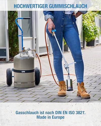 CFH Gasschlauch Gummi 10 m VS 780 – Gummigasschlauch mit beidseitigem G 3/8\ LH Anschluss, für Abflammgeräte & Gaslötgeräte, LPG/Propan/Butan, 20 bar, konisch dichtend, -30 °C bis +70 °C