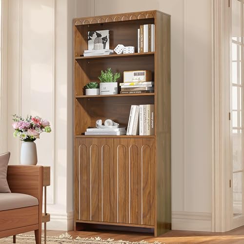 Jluomei Mid Century Narrow Bookcase, Adjustable 5 Shelf Wooden Book Shelf with Doors, 61 inch Display Case Cabinet, Slim Walnut Library Bookshelf, 5 Tier Arched Book Case for Living Room, Office