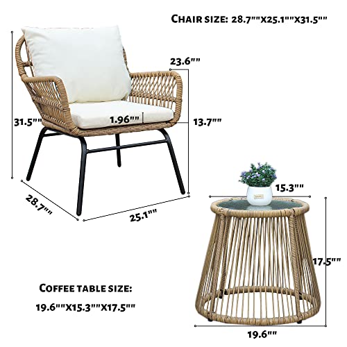 Homsof 3Pcs Outdoor Patio Balcony Color Wicker Chair Set With Beige Cushion And Round Tempered Glass Table, Natural B,3 Pieces #TOP1