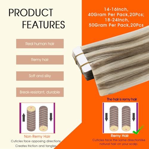 Image of Full Shine Long Lasting Tape in Hair Extensions Human Hair,8P60 Beige Blonde Highlighted Ash Brown,24Inch 50G 20Pcs,Remy Hair Extensions,Seamless Natural Blend Tape Extensions for Fuller Hair
