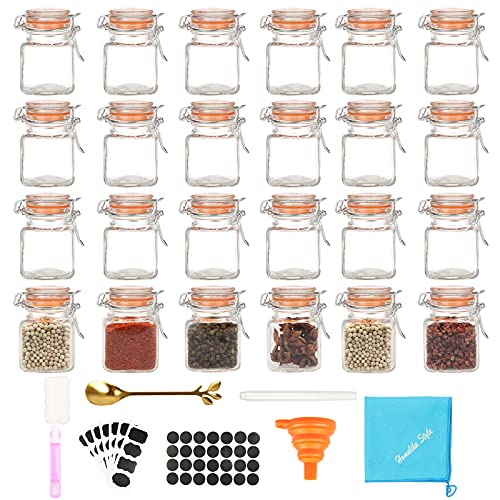 Homelike Style 3.4 oz Small Glass Spice Jars, Empty Mini Square Glass Spice Bottles with Airtight Flip Top Lids, Chalkboard Labels and Collapsible Funnel for Home and Kitchen-24 Pack