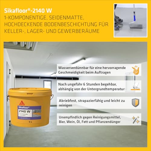 Sika – Bodenbeschichtung zur Versiegelung von Keller- & Lagerräumen – Sikafloor-2140 W - Kieselgrau – Hochdeckend, strapazierfähig, wasserverdünnbar – Verarbeitungsfertig – Seidenmatter Glanz – 5 l