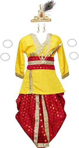 ITSMYCOSTUME Krishna - Vestido para bebés y niños, conjunto de Dhoti Kurta con accesorios completos, disfraz de Kanha para niños y niños