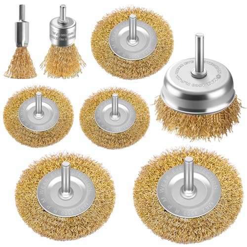 8 Stück Drahtbürsten mit Messingbeschichtung für Bohrmaschine und Schleifer - 6,35 mm Schaft zum Reinigen von Rost, Flocken und Schleifmitteln