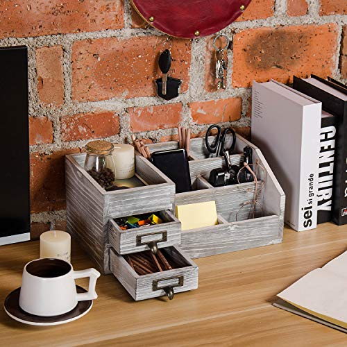Distressed Rustic Wooden Office Desktop Organizer Wood Shelf Tabletop Home Organizer Storage with Multiple Compartments 2 Tier Drawers,perfect Jewelry storage Display Box for Desk, Vanity (gray) - Image 6