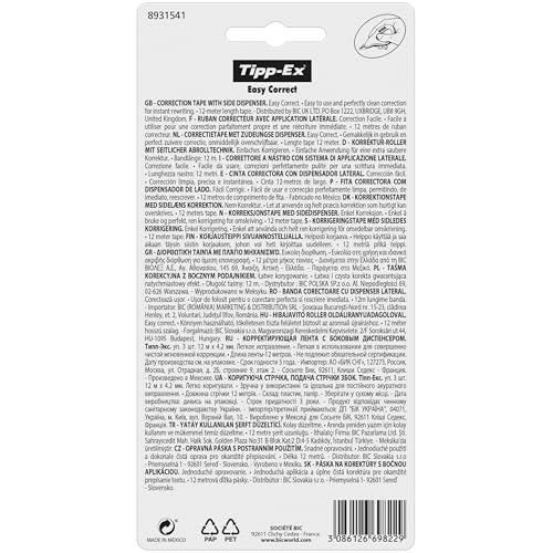 Tipp-Ex Korrekturroller Easy Correct zum seitlichen Korrigieren, 12m x 4.2mm, 3er Pack, Ideal für das Büro, das Home Office oder die Schule