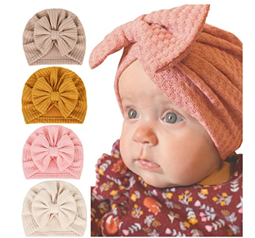 Freesiom Lot de 4 Turban Bonnet Bébé Fille Garcon Naissance Coton Hiver Chuad Doux Chapeaux Bandeau Cheveux Noeud Elastique Serre Tête Accessoires Nouveau Né Baptême Cadeau Noël-0-12 mois (Beige Gris) Cover