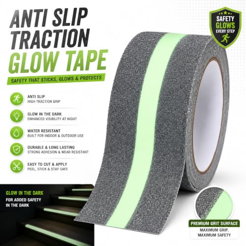 Image of Non Slip Safety Tape with Glow in The Dark, 2 Inch x 16.4 FT Anti Slip Stair Grip Tape, Centre Glow Strip, Heavy Duty Waterproof Non Skid Traction Tape for Stairs, Steps, Ramps & Outdoor Use