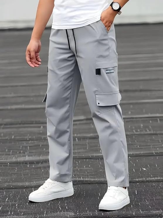 Image of Men's Black Lycra Cargo Jogger Pants | Slim Fit Stretchable Track Pants with Multiple Pockets | Elastic Waist Casual Streetwear Trousers for Men