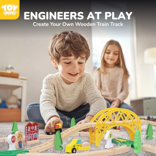 toy life wooden train set 60pcs with magnetic crane wooden train tracks toys for toddlers boys girls 3 4 5 3 year old boy gift wood toys toddler train for kids 4-8 - fits thomas brio chuggington