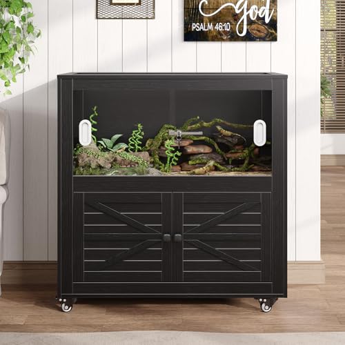 Reptile Terrarium with Stand, 40 Gallon Reptile Tank with Large Storage Cabinet and Ventilated Metal Mesh Top, Black