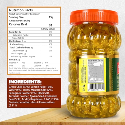 Image of Chokhi Dhani Green Chilli Pickle Pack of 2 (1kg Each) | Hari Mirch Achar | Spicy & Tangy Indian Pickle | Traditional Homemade Style | Veg