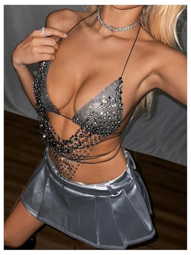 SHENHE Women's Sparkly Rhinestone Backless Halter Top Draped Strappy Party Club Rave Outfits3