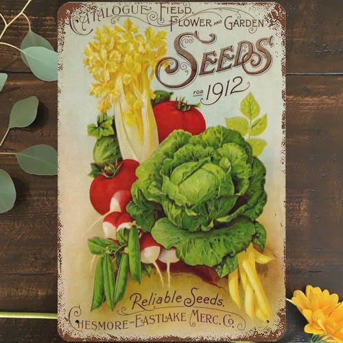 Letrero de metal vintage de 8 x 12 pulgadas, libro de semillas de verduras de granja, decoración de pared, catálogo, flores y semillas de jardín, póster de semillas confiables para el hogar, sala de