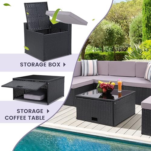 Image of KROFEM 8 Piece Patio Furniture Set, Outdoor Modular Conversation Set, Grey | UV Treated Wickers, Machine Washable Cushions, Seats 6, 2 Hidden Storage Compartments, Rustproof Frame, Waterproof