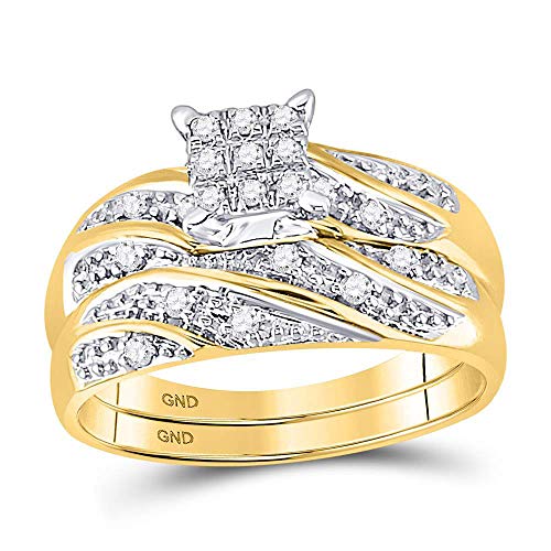 10k Yellow and White 2 Two Tone Gold Mens and Ladies Couple His & Hers Trio 3 Three Ring Bridal Matching Engagement Wedding Ring Band Set - Round Diamonds - Princess Shape Center Setting (1/4 cttw) - Please use drop down menu to select your desired ring sizes2
