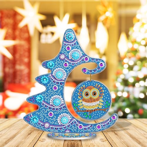 Image of AiYuanzsh Blue Christmas Tree Diamond Art Tabletop Ornament with Owl Hanging Kit, Acrylic Diamond Painting Desktop Decoration Kit, DIY Holiday Diamond Art Crafts 9.84 x 11.22 inch