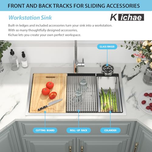 Image of Kichae 30 Kitchen Sink Drop In - 30 inch x 22 inch Drop Sink Stainless Steel 16 Gauge Ledge Workstation Single Bowl Topmount Overmount Kitchen Sink Handmade Basin with Glass Rinser
