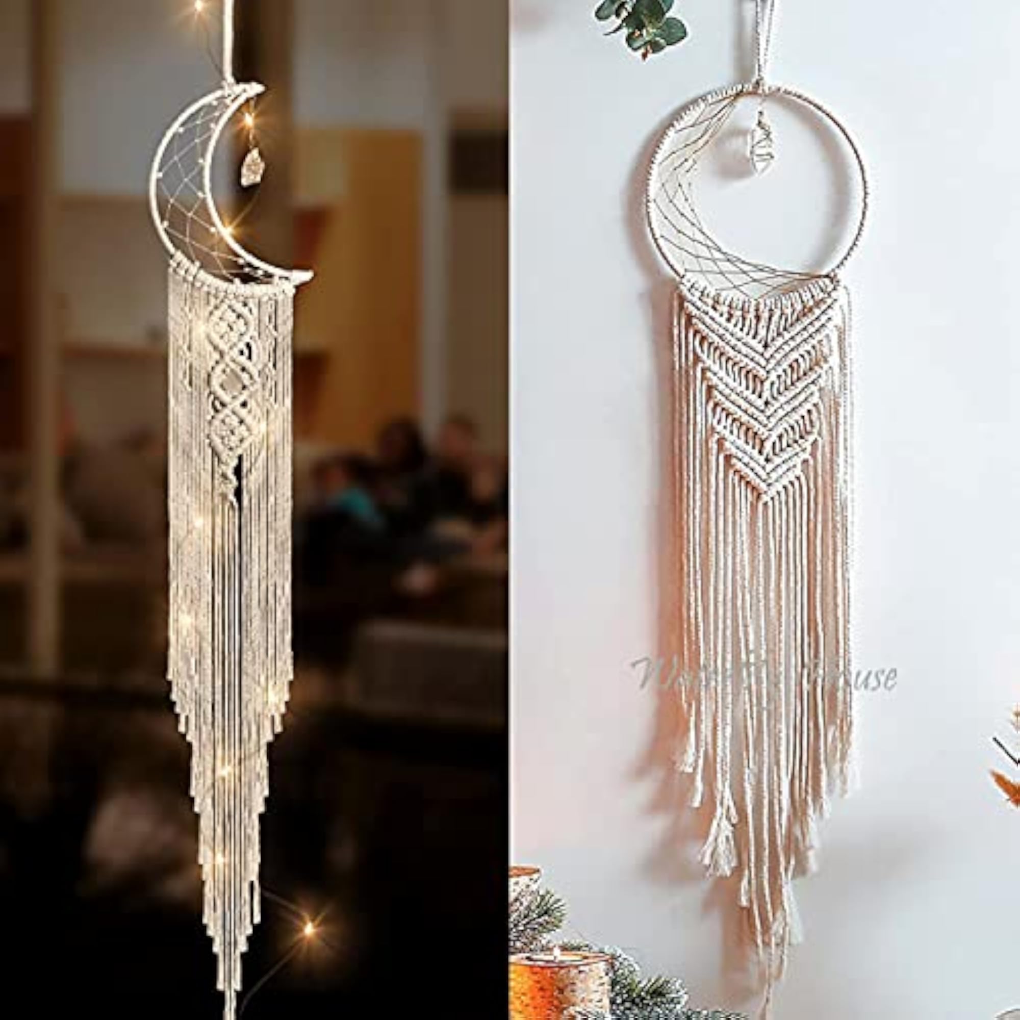 Macrame Wall Hanging Moon Dream Catcher with LED String Light