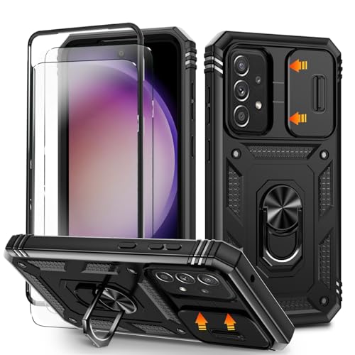 for Samsung A52/A52S Case with Camera Cover Slider 2*Screen Protectors Build in 360Rotating Ring Kickstand Military Grade Protective Case for Samsung Galaxy A52/A52S 6.5-Black