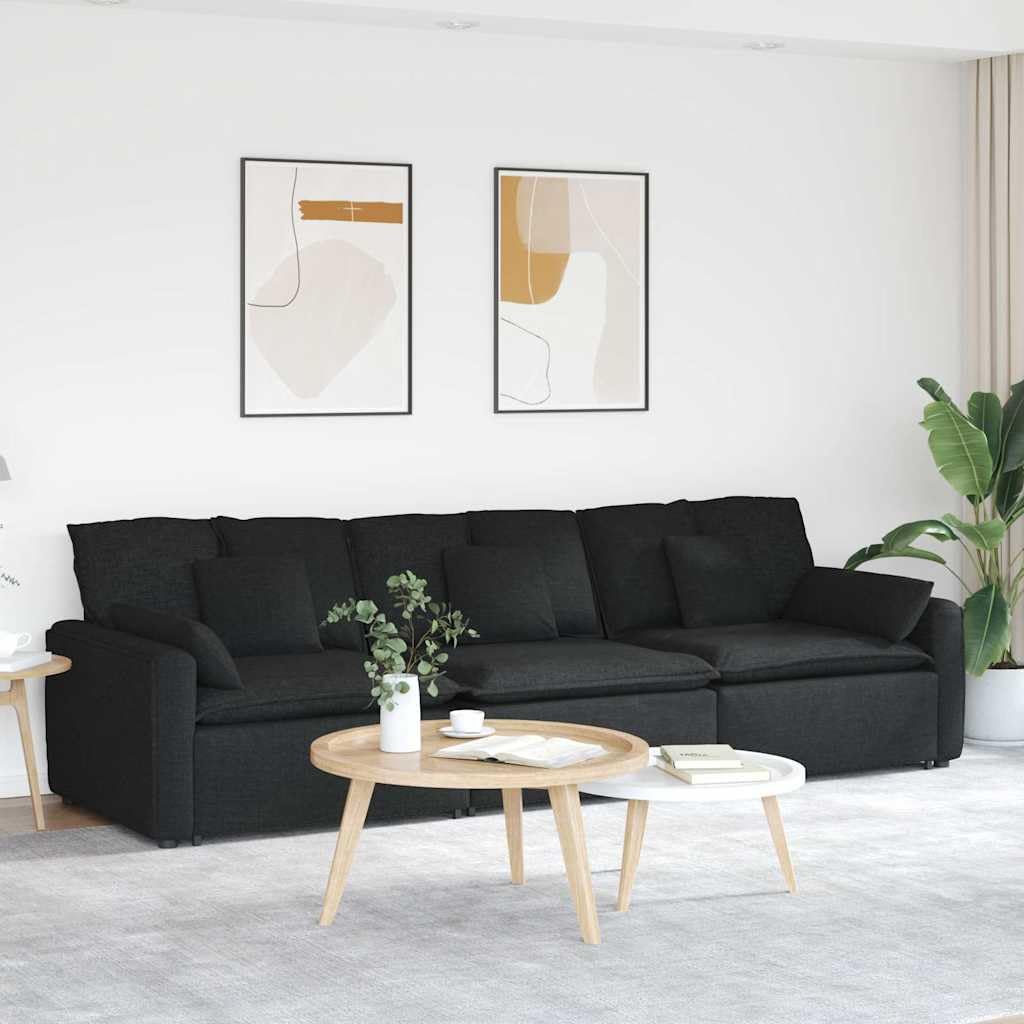 Modułowa sofa z poduszką, czarna, tapicerka materiałowa, 324 x 105 x 64 cm, 3-częściowy mebel do siedzenia z podłokietnikami i częścią środkową, sofa do rozbudowy do salonu