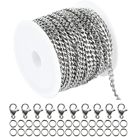 UMAOKANG Silver Cuban Chain Stainless Steel Link Chain Bulk 16.4 Feet Twist Necklace Chain with Open Jump Rings Lobster Clasps for Women Men Choker Bracelet Anklet Making Cover