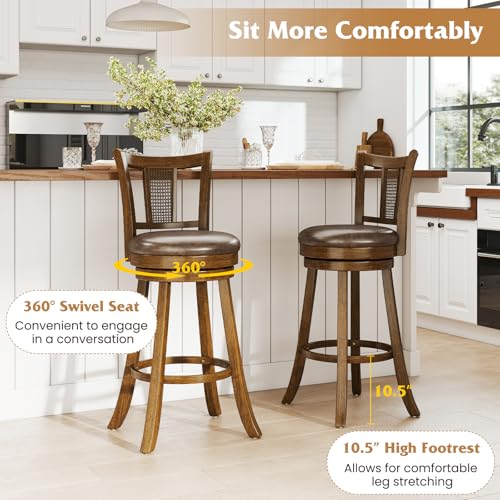 Butacos Giantex de 30 pulgadas, juego de 2 butacos giratorios para barra con respaldos de ratán PE, reposapiés y estructura de madera de caucho, tapizados en leathaire, estilo rústico para isla de cocina, comedor o pub, color marrón miniatura 4