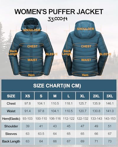 33,000ft Damen Leichte Steppjacke Packbare Übergangsjacke mit Taschen für Frauen Gefüttert Warme Pufferjacke mit Kapuze für Outdoor Freizeit Wandern Petrol Blau M