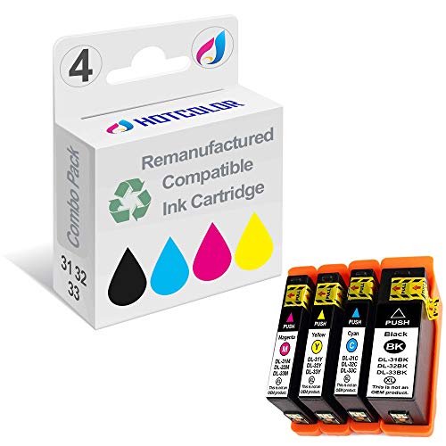 HOTCOLOR 4 Pack 31XL Compatible for DELL Series 31/32/33/34 Ink Cartridge Extra High Capacity for Dell V525w V725w Printers(Black,Cyan,Magenta,Yellow)