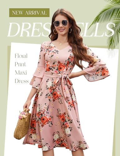 Image of DRESSTELLS Women's Cocktail Dress Summer Wedding Guest Party Vintage 3 /4 Bell Sleeve V Neck A-Line Dress