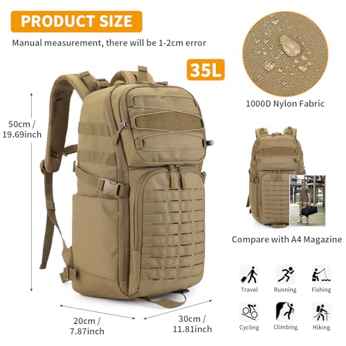 Image of HUNTVP Tactical Backpack for Men 35L Military Backpack MOLLE 1000D Army Daypack 3 Day Bug Out Bag for Work Camping Hiking Outdoor, Brown