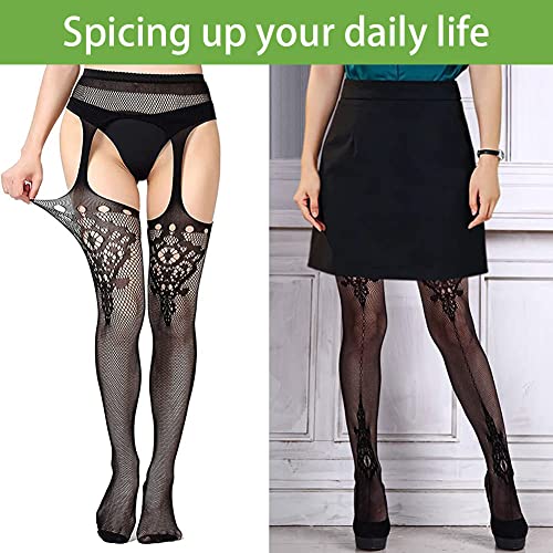 Image of Women's High Waist Fishnet Tights Suspenders Pantyhose Thigh High Stockings Black