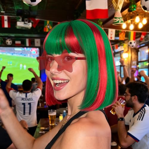 Image of ANOGOL Hair Cap + (Sunglasses) Green Red Bob Wig with Bangs Womens Green Red Party Wigs with Sunglasses Short Neon Wig Fun Wigs Halloween Costume Christmas Hair Sports Event St Patrick Day