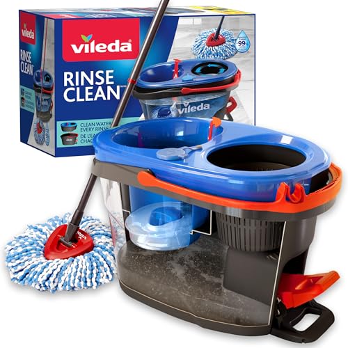 Vileda RinseClean - Sistema de fregona giratoria, Separa el Agua Limpia y la Sucia, escurrido sin Esfuerzo, Juego de fregona y Cubo de Microfibra, Color Gris