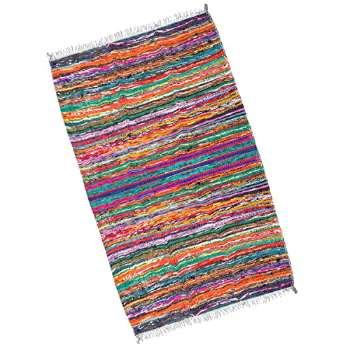 Naqsh Chindi Area Rag Rug 3.5X6 Feet - Eco Friendly 100% Recycled Cotton Colorful Reversible Runner Rugs, Multicolor Hand Woven Home Collection (Multi Color Durrie) #TOP22