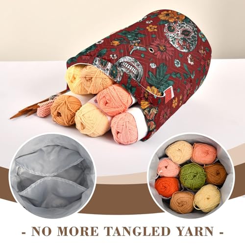 Image of Tatenale Crochet Bag Yarn Bag Knitting Project Bag with Pockets and Handle Portable Yarn Storage Organizer Tangle Free 8.3x11 InchRed Meixcan Flag Skull03