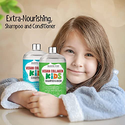 Majestic Pure Kids Shampoo Conditioner Set - with Vegan Collagen- Kids Shampoo and Body Wash - Sulfate Free - Tear & Tangle Free Formula with Naturally Derived Ingredients - Made in USA -16 fl oz each