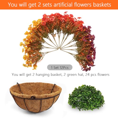 Image of 2 Set Artificial Fall Hanging Flower Baskets for Outdoor Autumn Decor, 24 Pcs Silk Mums Fake Plants for Garden Porch Patio Balcony Yard Home Decoration