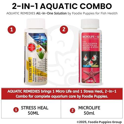Image of Foodie Puppies Aquatic Remedies 2 in 1 Aquarium Medicine Combo - (Microlife + Stress Heal, 50ml Each) | Anti-Bacterial Effective Fish Skin Treatment for Fresh Water