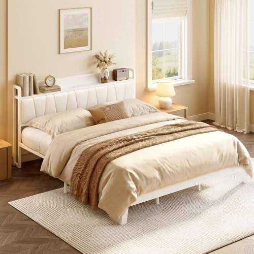 Image of LIKIMIO California King Bed Frames, PU Leather Storage Headboard with Charging Station, Solid and Stable, Noise Free, No Box Spring Needed, Easy Assembly, White