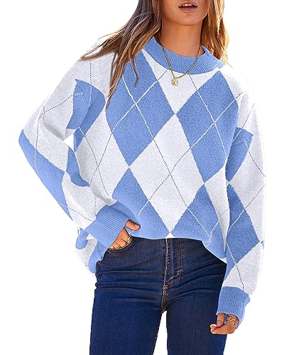 BTFBM Women Fall Fashion 2024 Argyle Sweater Crewneck Long Sleeve