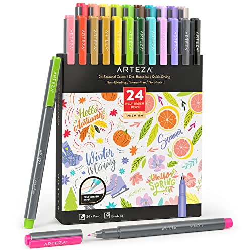 Arteza Felt Tip Pens, Set Of 24 Seasonal Brush Tip Calligraphy Pens For Note Taking, Sketching, Cross-Hatching, Outlining, Dye-Based Ink, Smear-Free #TOP12