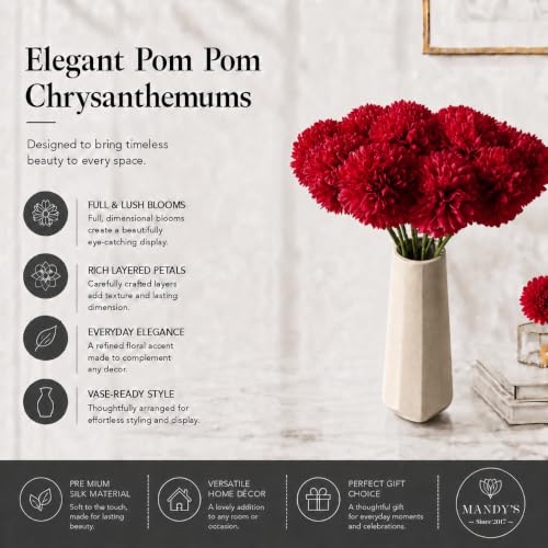 Image of Mandy's 12pcs Artificial Red Ball Chrysanthemum Flowers